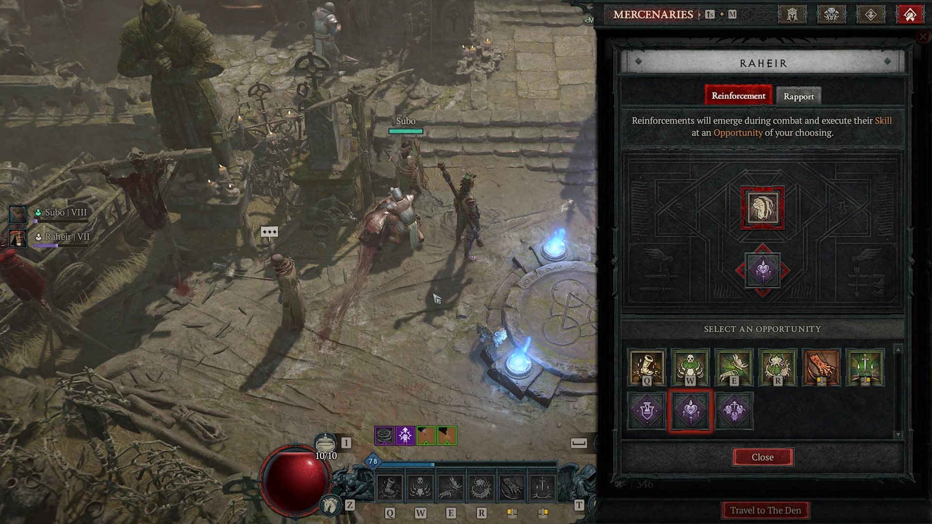Diablo four in game action, unlocking mercenaries screenshot.