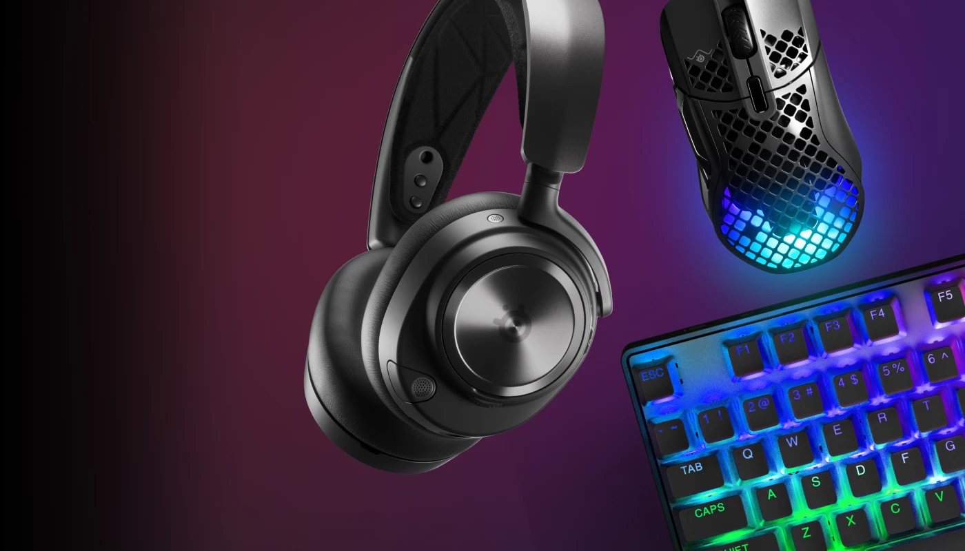 An image of an Arctis Nova headset, an Aerox mouse, and Apex keyboard with a dark purple gradient background.