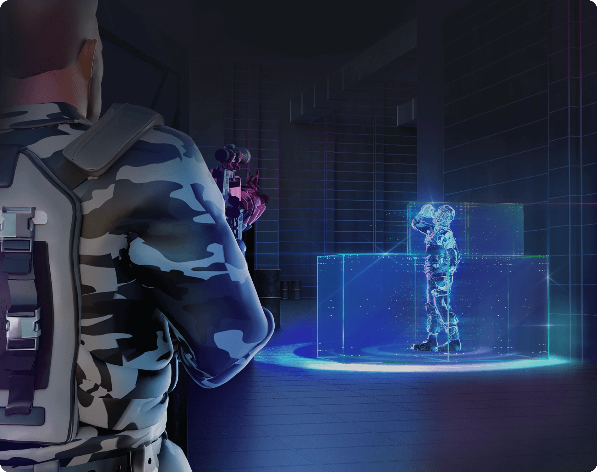 A soldier in a futuristic room aims a rifle at a glowing blue, holographic soldier who is saluting.