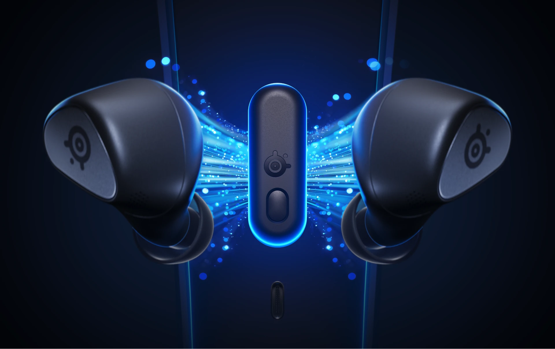 Un par de audífonos Arctis Gamebuds conectados por un deslumbrante resplandor azul con un dongle, lo que sugiere una rápida conexión de 2,4 GHz.