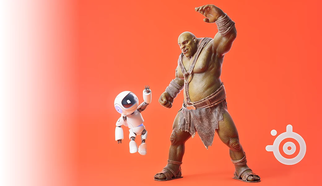 Lars high fiving a robot buddy with a white to orange gradient background and a white SteelSeries logo in the bottom right corner.