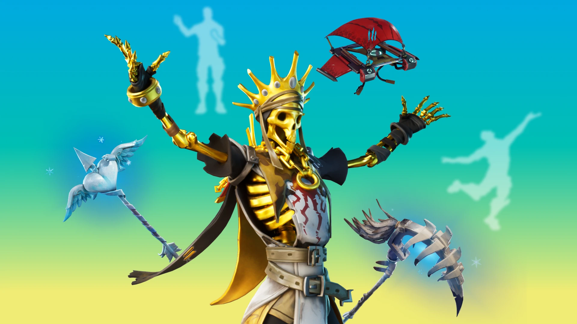 Skeletový skin Oro se zlatou korunou z Fortnite obklopený kosmetickými předměty, krumpáči, kluzákem a siluetami emotikonů na pozadí s přechodem mezi modrozelenou a žlutou barvou.
