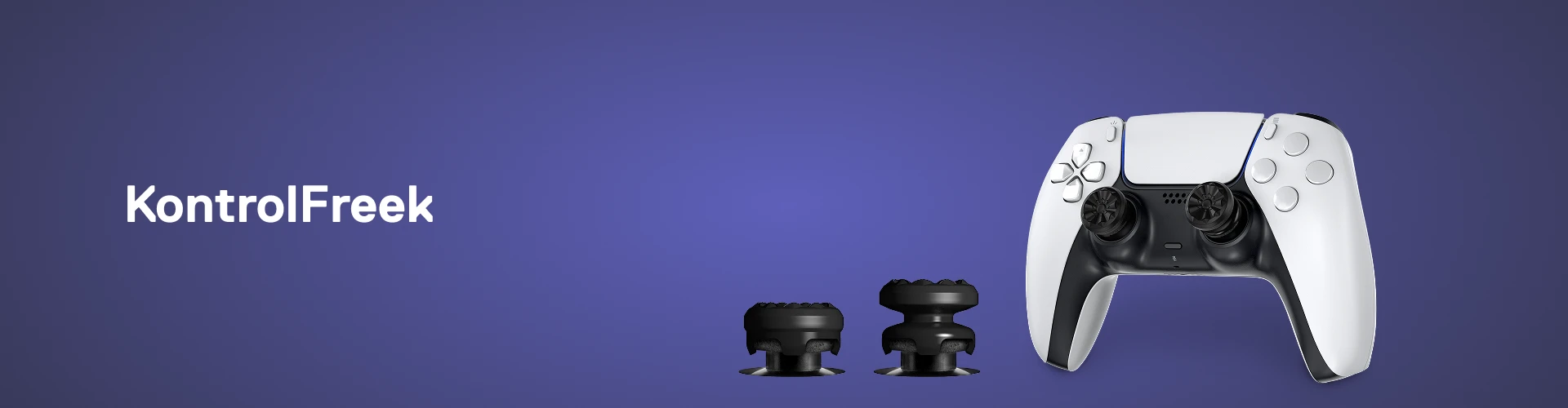 O imagine a unui controler PS5 cu thumbstick-uri KontrolFreek și text care spune "KontrolFreek" și un fundal violet gradient.