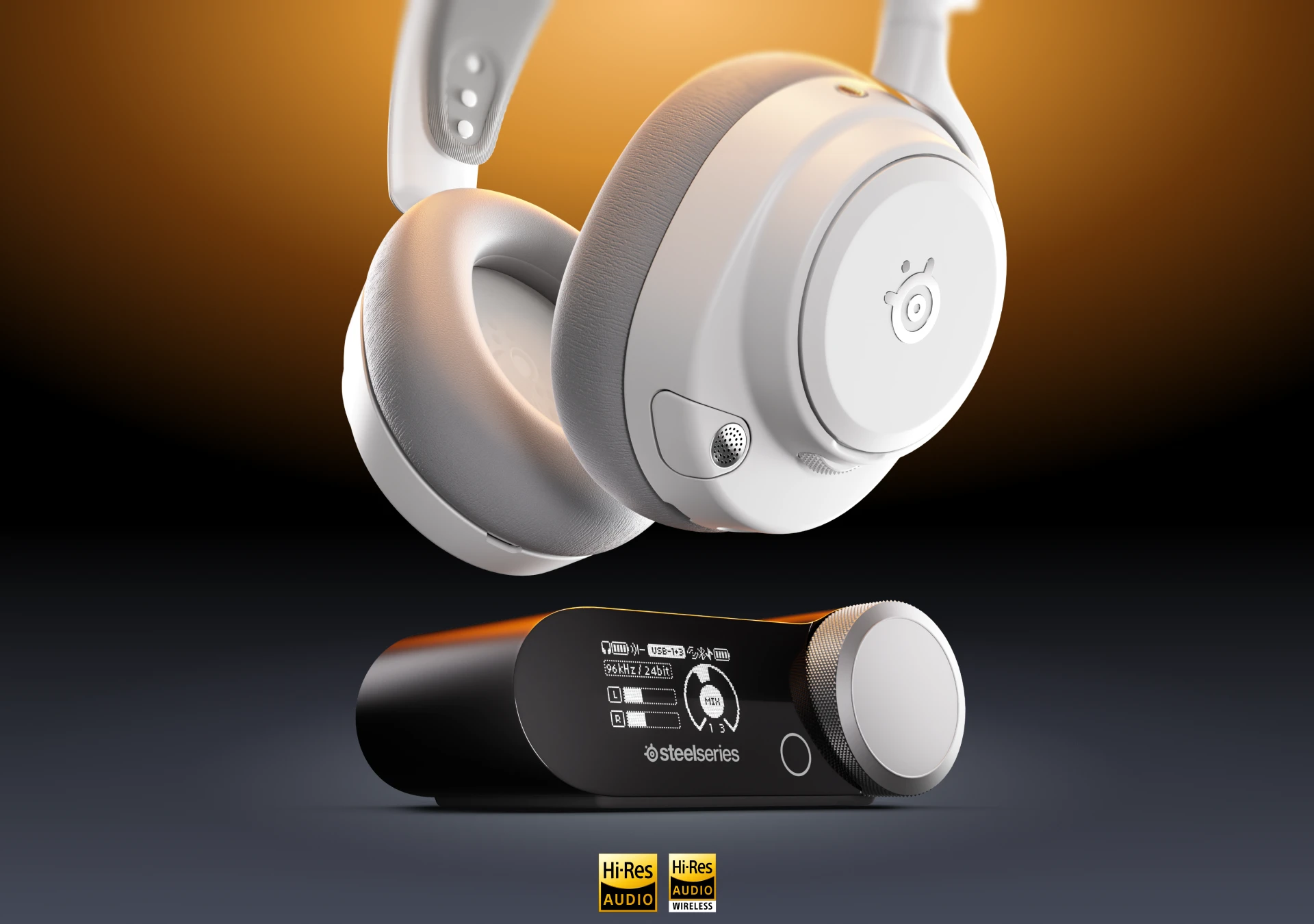 Floating black SteelSeries gaming headset above its wireless base station, lit by orange backlight with Hi-Res Audio certification badges below.
