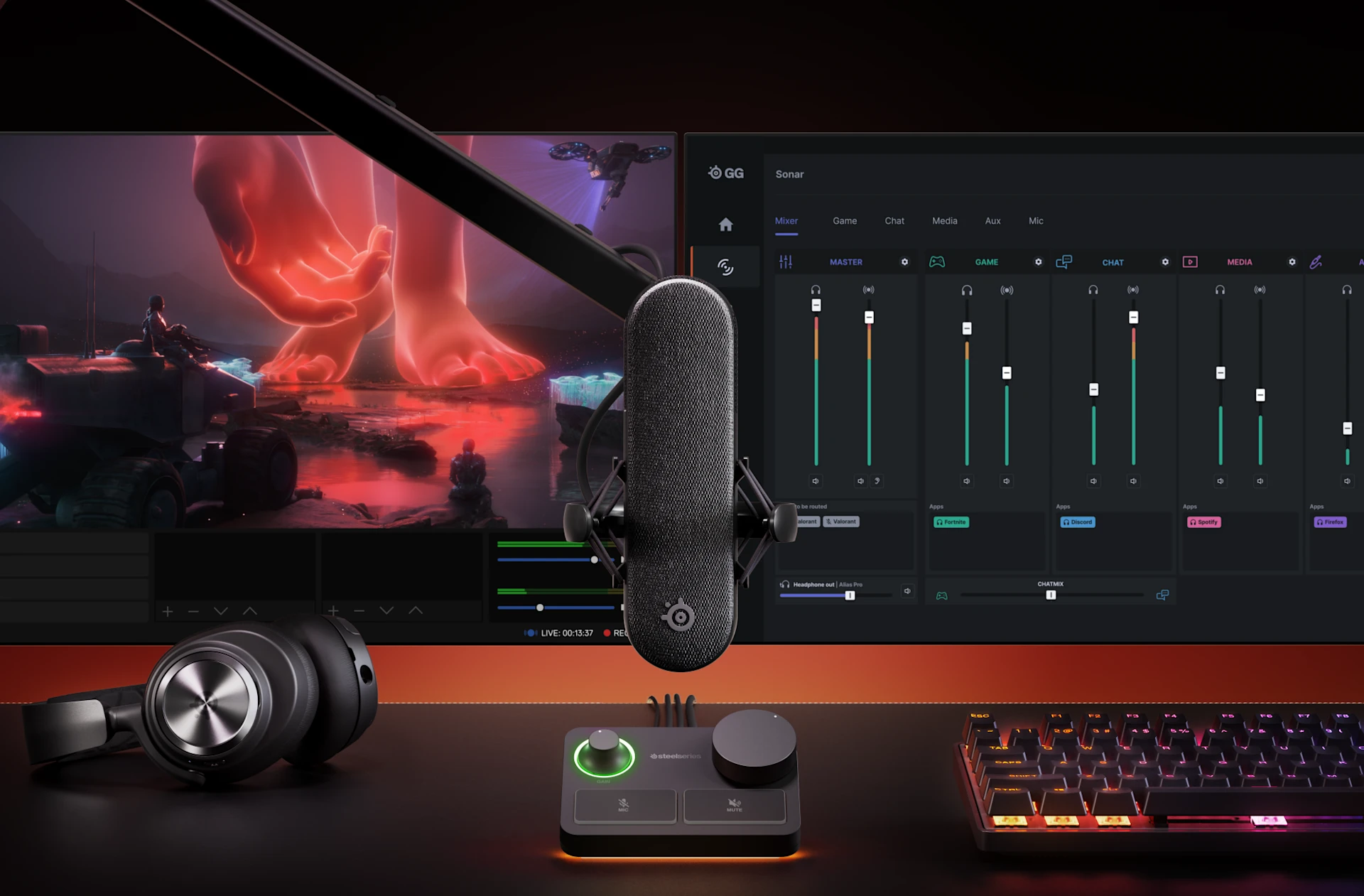 Alias pro microphone hanging over a desk, where base station lays, keyboard and black arctis nova headset.
