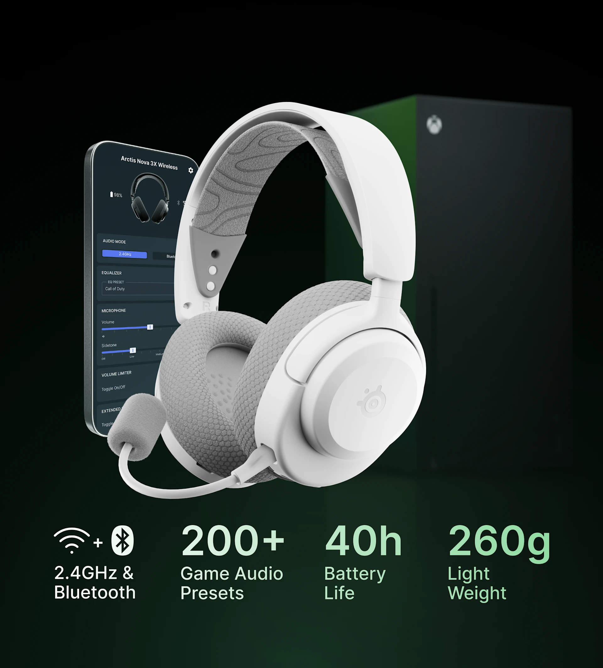 Arctis Nova 3 Wireless blanco rodeado de smartphone y consola Xbox sobre fondo oscuro