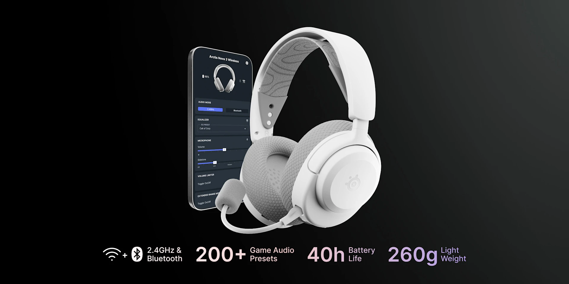 Weißes SteelSeries Arctis Nova 3 Wireless-Headset mit mobiler App. Mit 2,4 GHz & Bluetooth, über 200 Spiel-Audio-Voreinstellungen, 40 Stunden Akkulaufzeit und einem leichten 260-g-Design auf dunkelgrauem Hintergrund.