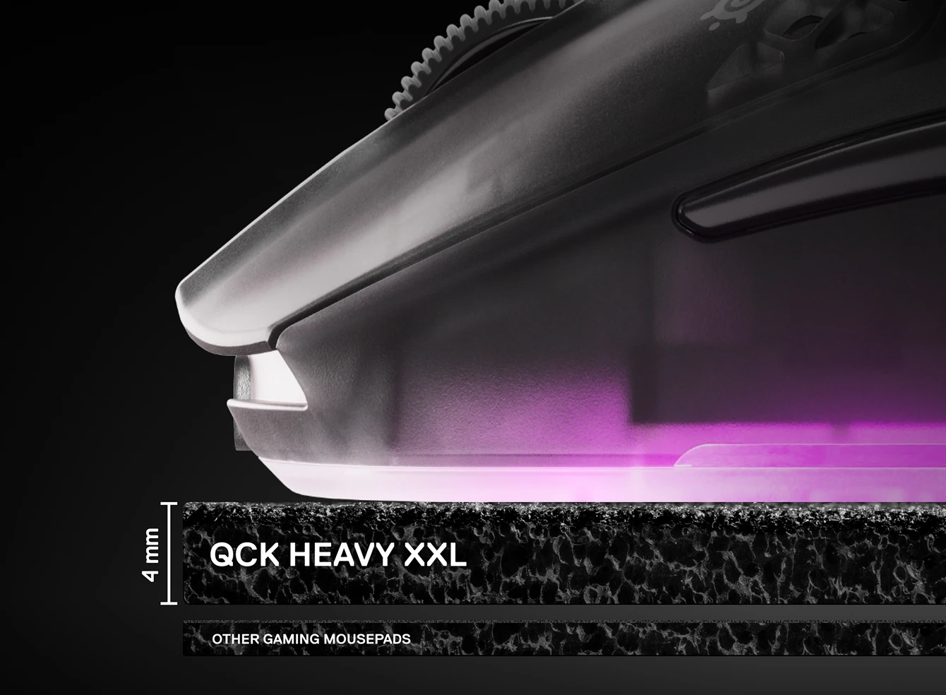 A close-up side view comparing the 6mm thickness of the QcK Heavy L mousepad against a standard thinner gaming mousepad, with a gaming mouse resting on top.