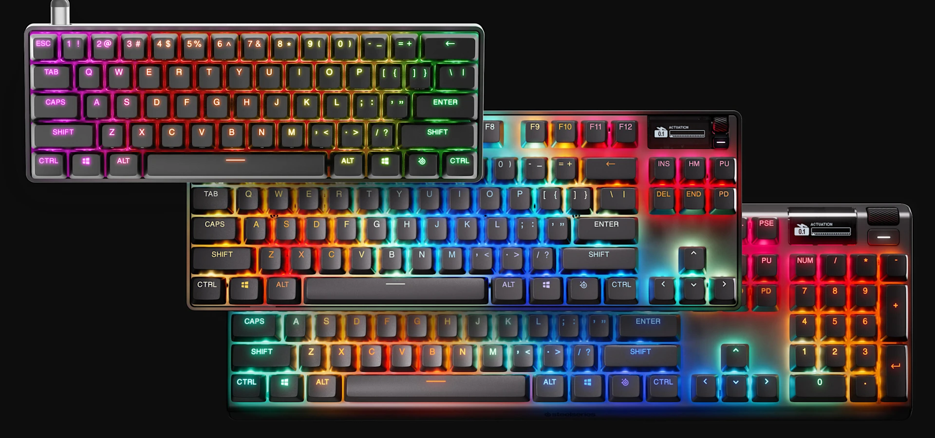 Três tipos de teclados exibidos em tamanhos diferentes.