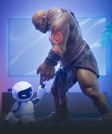 SteelSeries mascots Lars and little robot, hands in hands in a a living room.