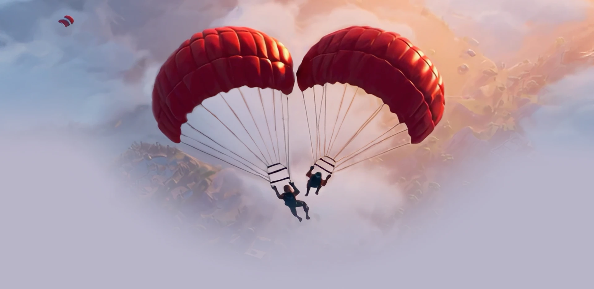 Una escena animada muestra a dos personas con paracaídas rojos formando un corazón mientras se deslizan sobre un paisaje montañoso al atardecer, evocando un videojuego.
