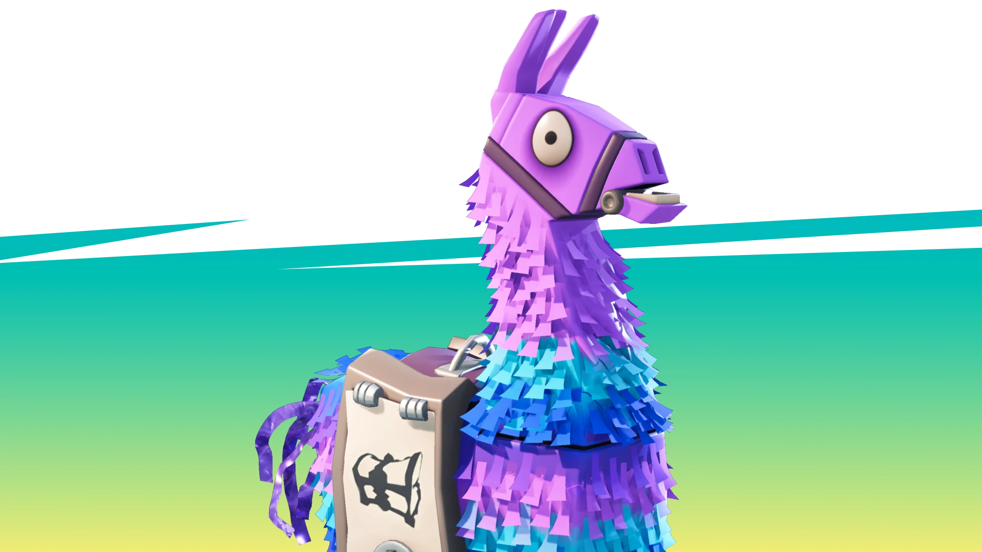 Detailní záběr na ikonickou fialovo-modrou lamu „Fortnite Supply Llama“ na jasně tyrkysovém a žlutém pozadí.