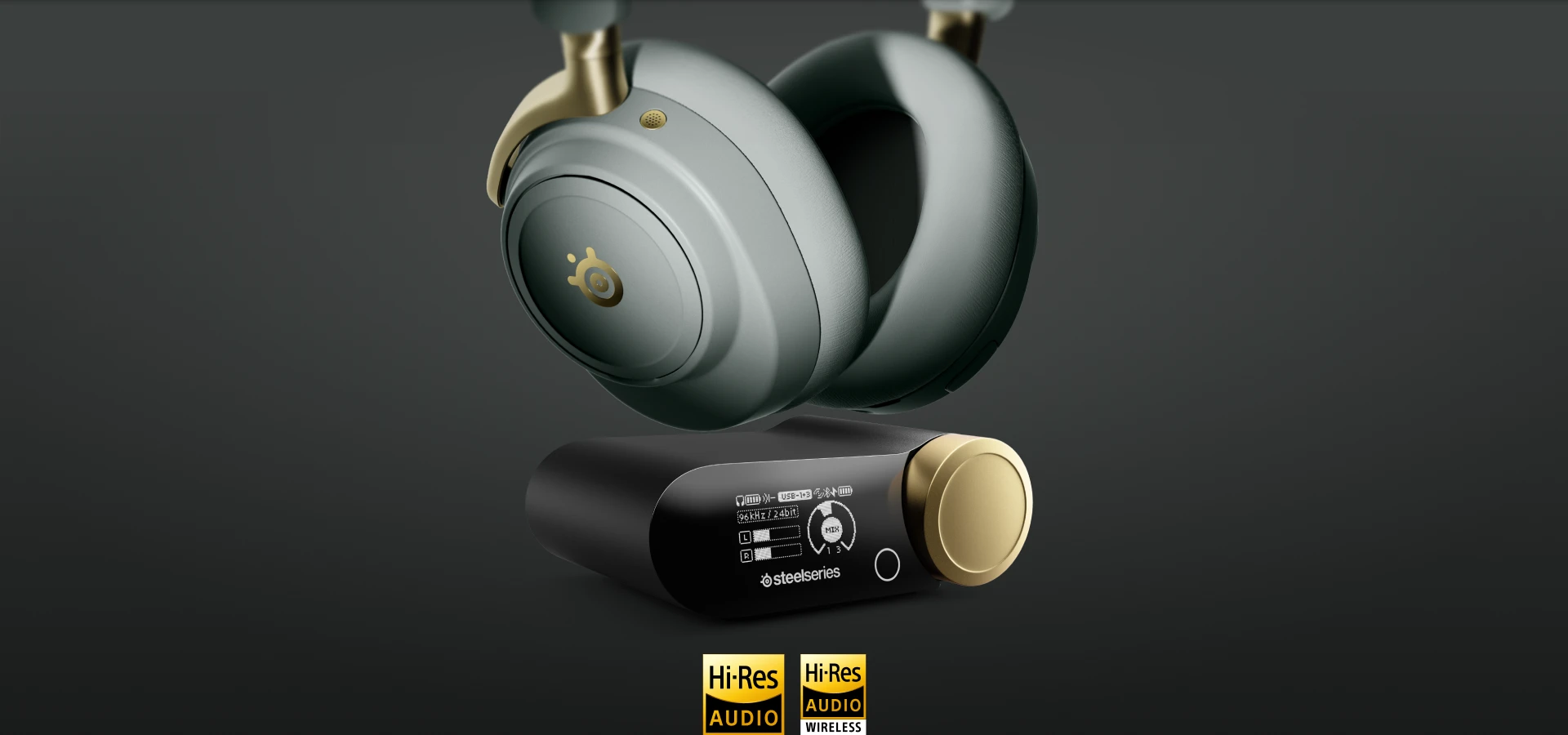 Arctis Nova Elite sage gold en vol stationnaire au-dessus de la station d'accueil