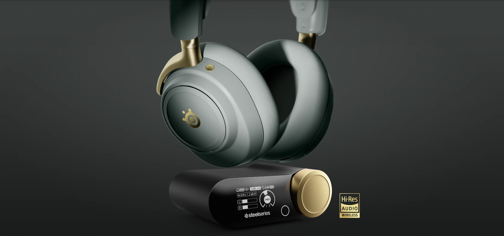 Arctis Nova Elite sage gold hovering above docking station