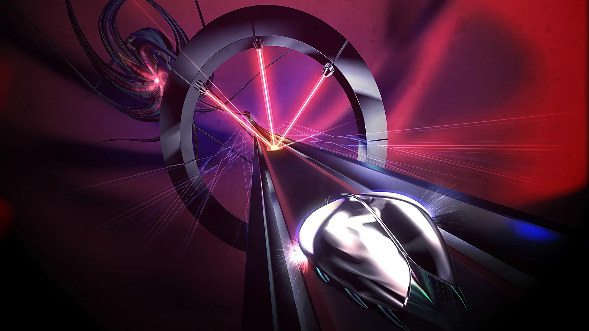 Futuristic art work with a vehicle on a space road threatened by an octopus