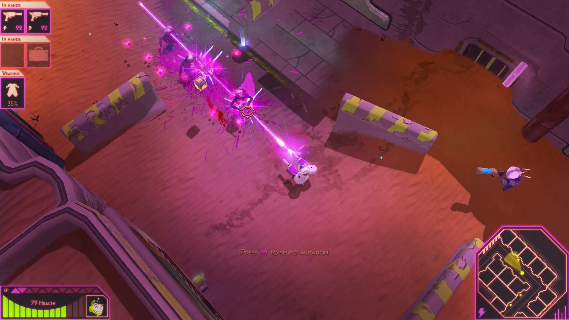 A top-down view of gameplay in the roguelike shooter "Utopia 9." The player character fires a pink laser at enemies, causing a graphic explosion.