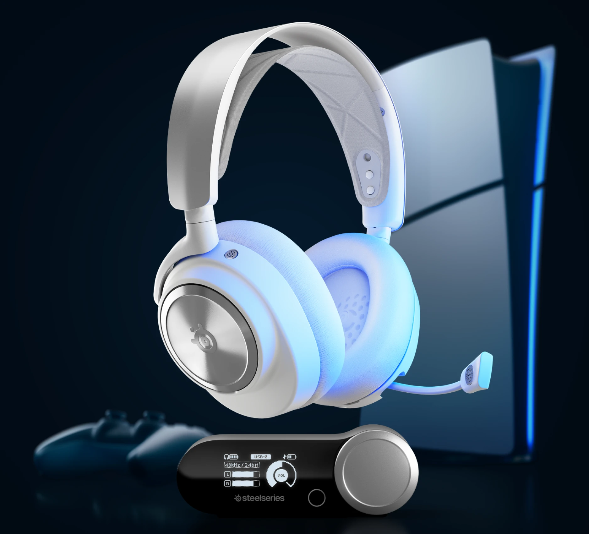 A pair of white arctis nova pro wireless headset on a blue andblack background accompanied by PS5 console