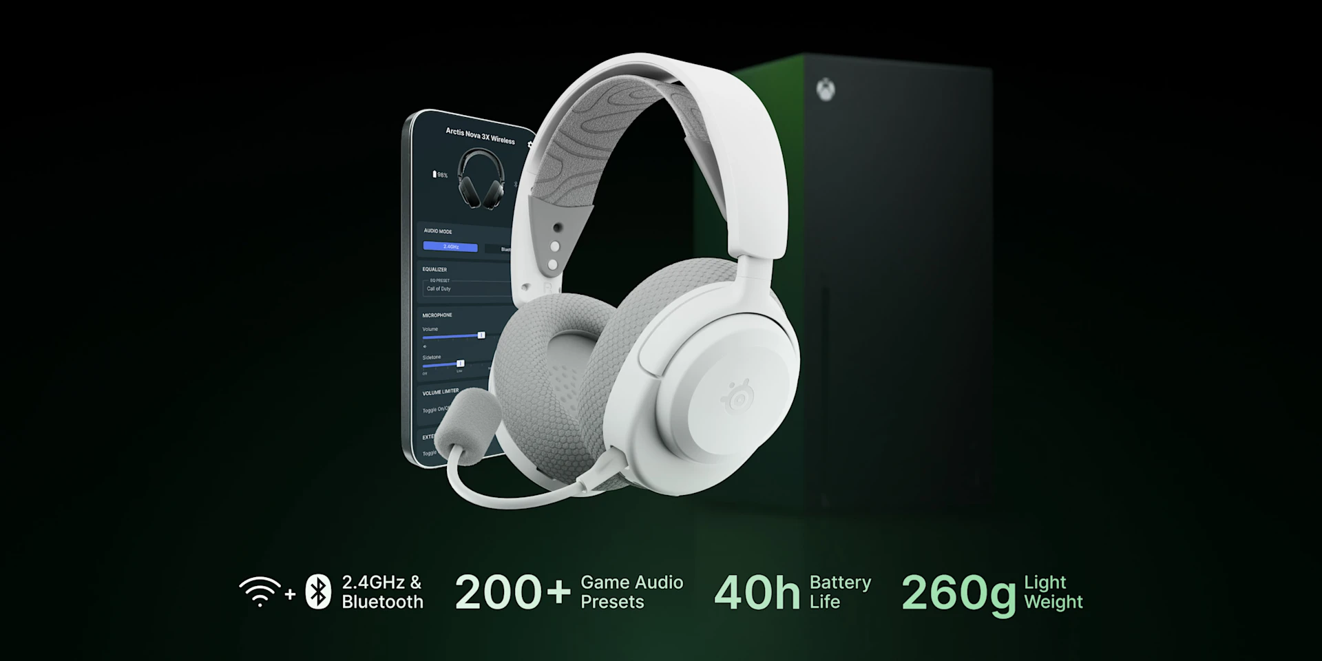 Arctis Nova 3 Inalámbrico Blanco rodeado de smartphone y consola Xbox sobre fondo oscuro
