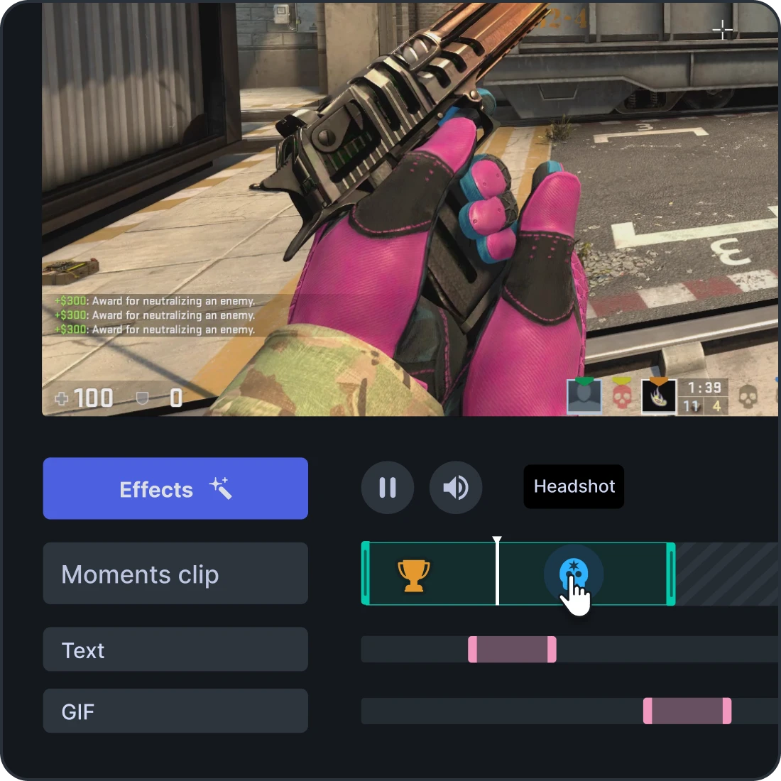 A video editing interface for gaming clips, showing a timeline with options to add effects, text, and GIFs to a recording.