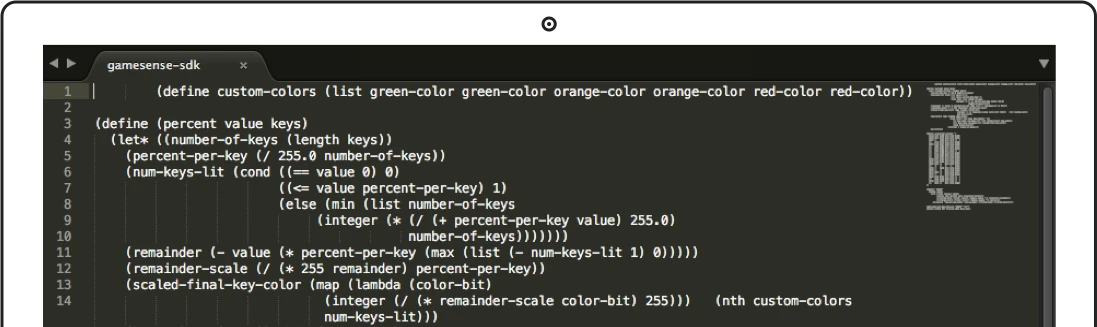 A screenshot of the SteelSeries GameSense SDK, showing code written in a Lisp dialect for creating custom lighting color schemes.