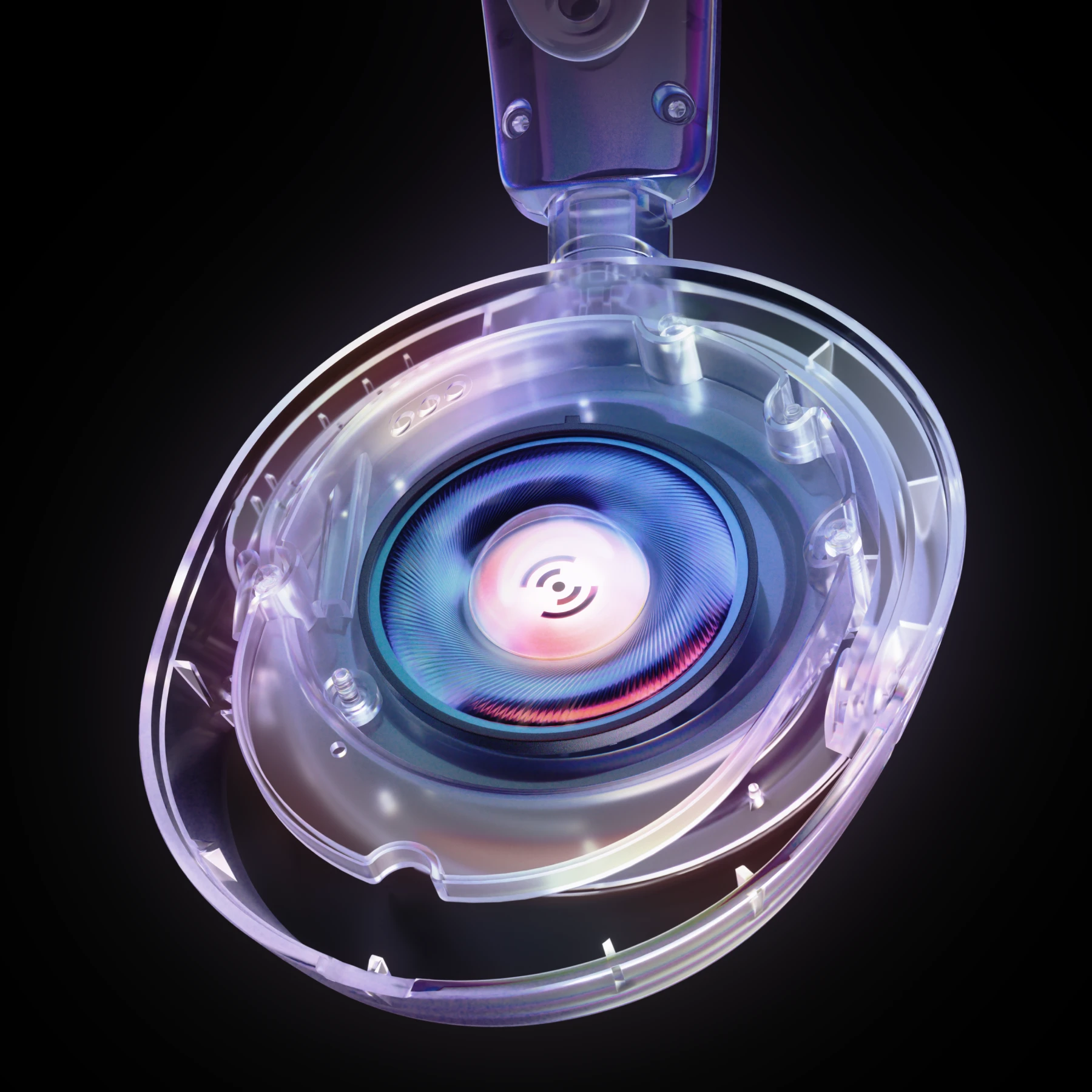 A stylized, x-ray style view of the audio drivers inside an Arctis Nova 7 Dragon Edition headset.