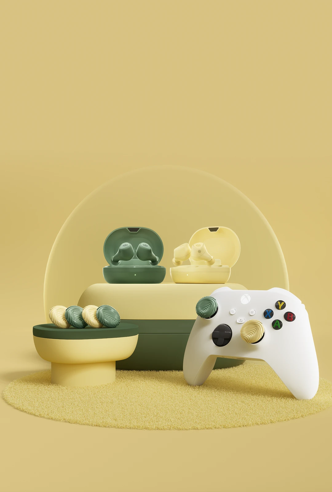 SteelSeries Arctis GameBuds in Matcha green and Yuzu yellow with charging cases and matching Xbox controller.
