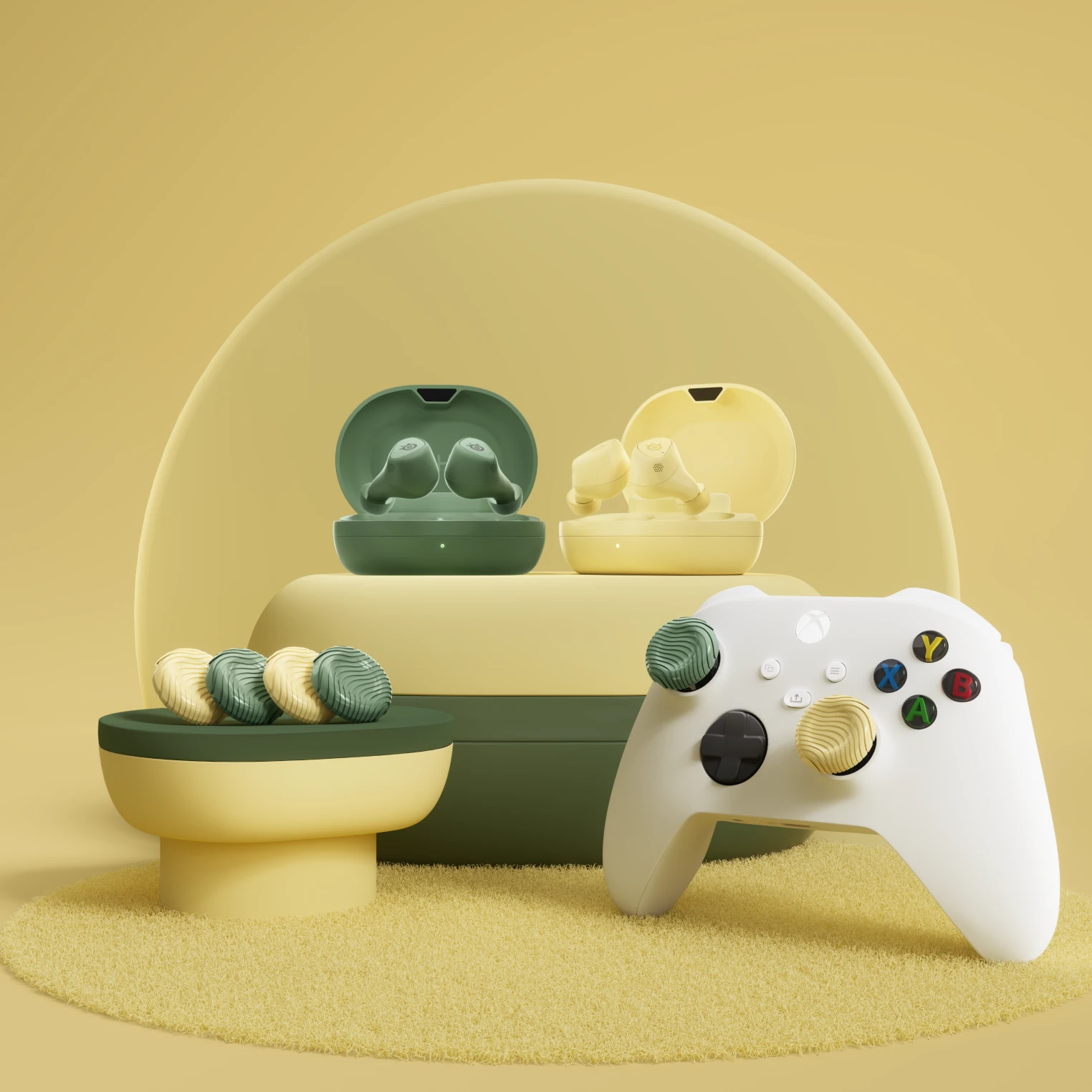 SteelSeries Arctis GameBuds in Matcha green and Yuzu yellow with charging cases and matching Xbox controller.