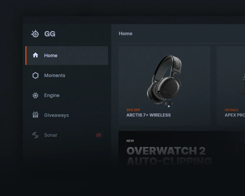  Captura de pantalla de la pantalla de inicio del software SteelSeries GG, en la que se muestran promociones de productos como los auriculares inalámbricos Arctis 7+ y las funciones del software.