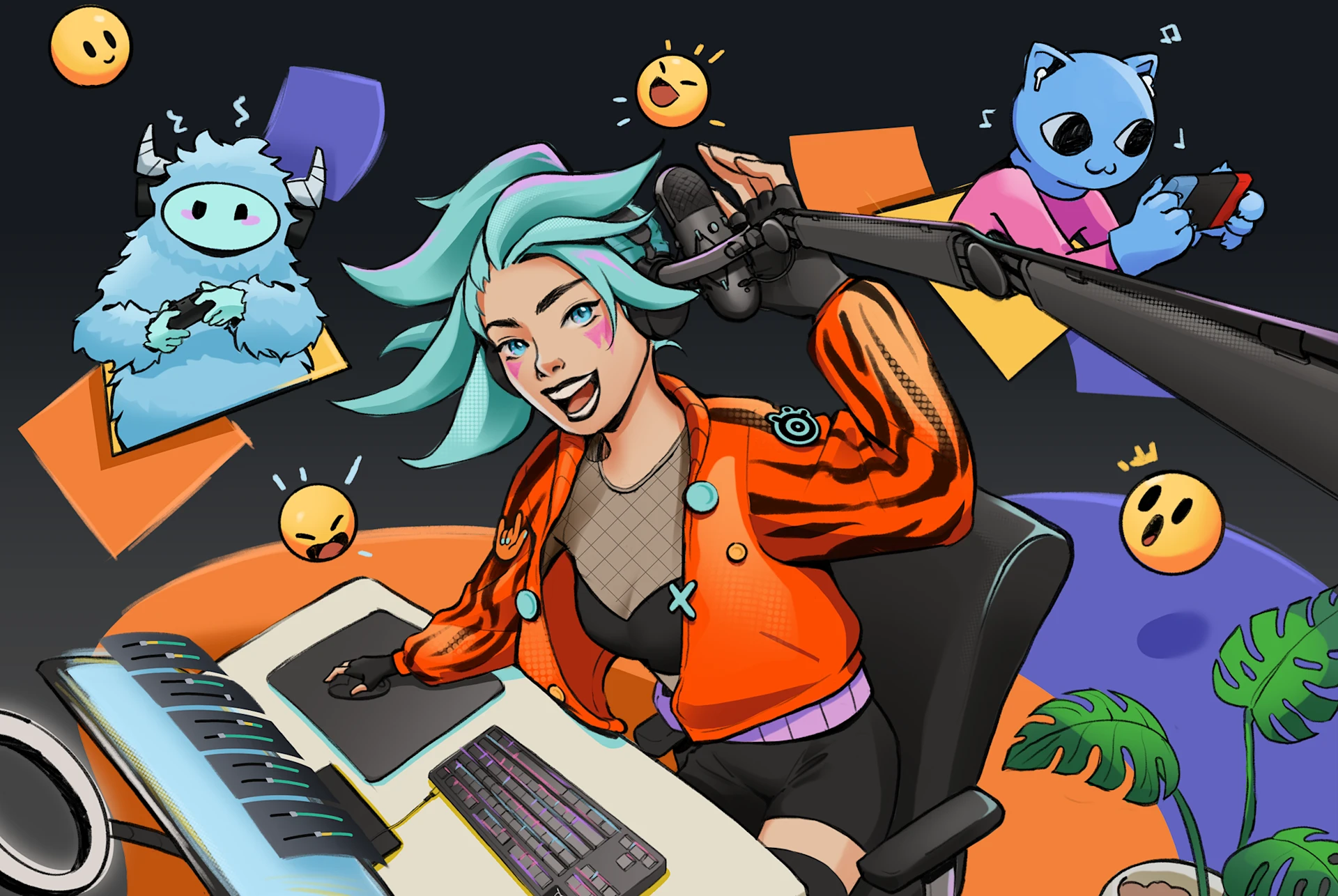 An illustration of a female streamer with turquoise hair at her desk, surrounded by cartoon monsters and emojis in a vibrant, colorful scene.