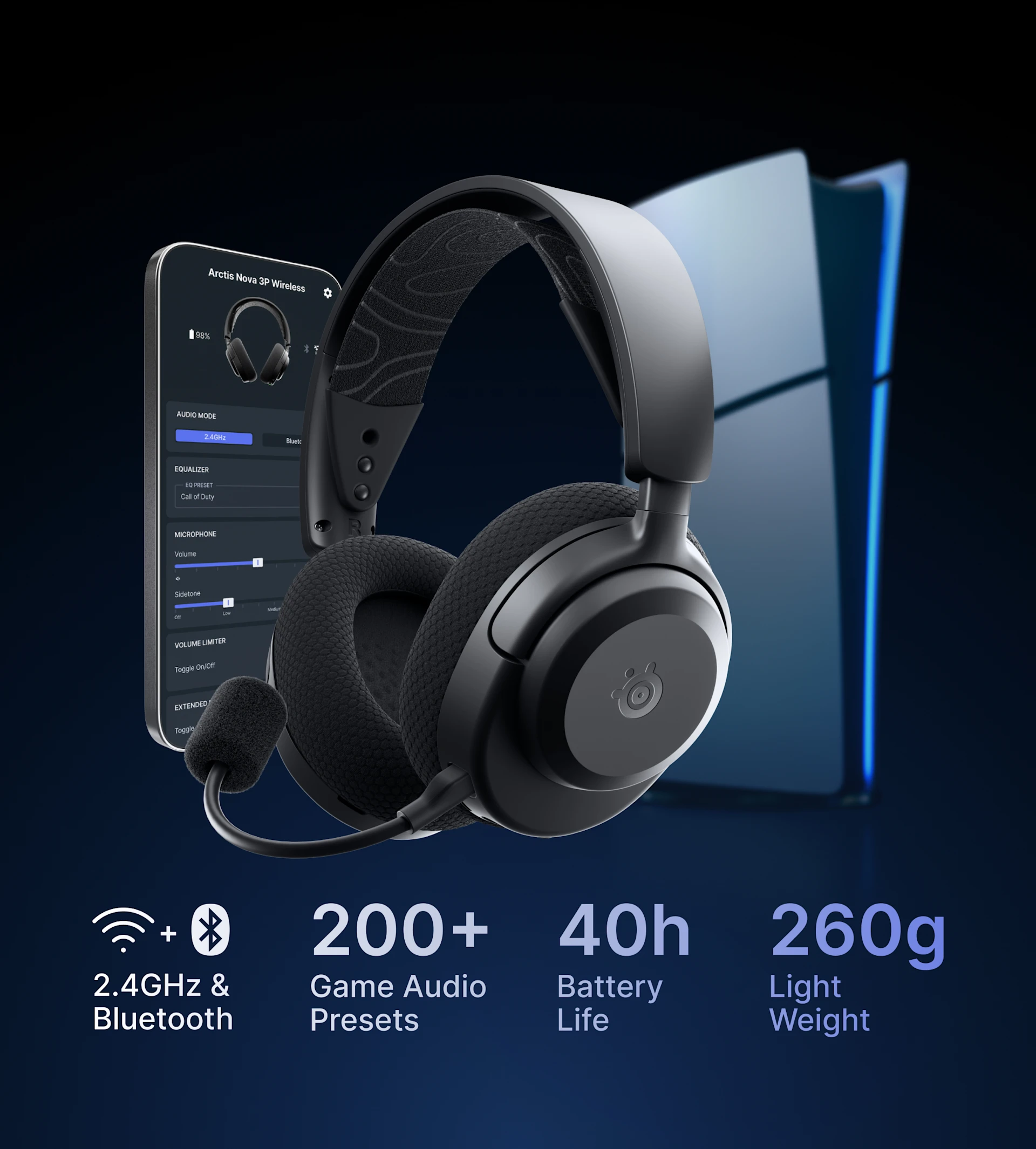 Arctis Nova 3 Wireless rodeado de un smartphone y una consola Xbox sobre un fondo oscuro