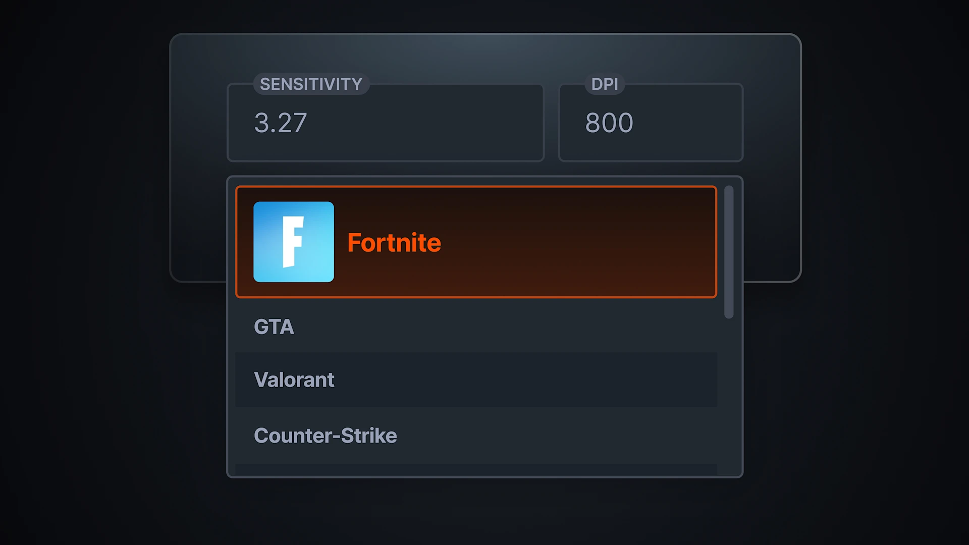 Interfaz de usuario para la selección de sensibilidad y DPI con Fortnite destacado en una lista de juegos.