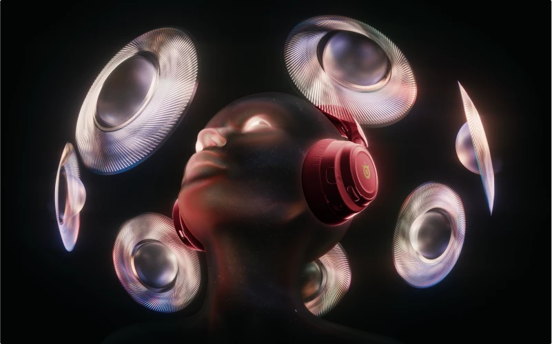 An abstract representation of SteelSeries spatial audio. A floating head wearing an Arctis Nova 7 Dragon Edition headset with speakers hovering around it.