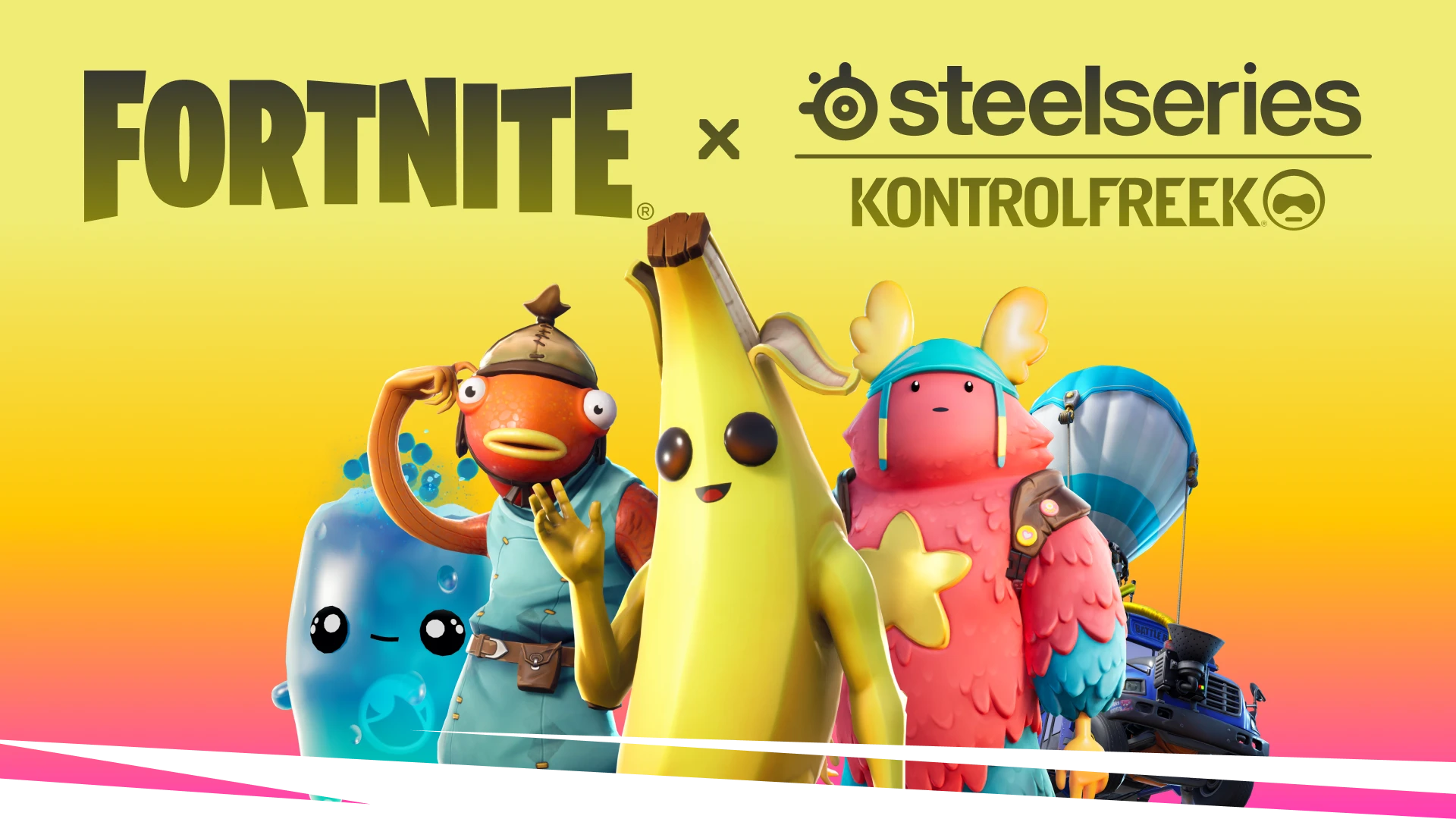 Grafika vzniklá ve spolupráci Fortnite x SteelSeries a KontrolFreek, na které jsou vyobrazeny postavy z Fortnite: Rippley, Fishstick, Peely, Guff a Battle Bus.