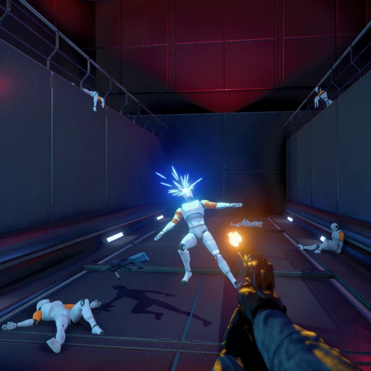 A first-person view of a futuristic shooter game. A player is shooting a white android in a hallway, with other defeated androids on the floor.
