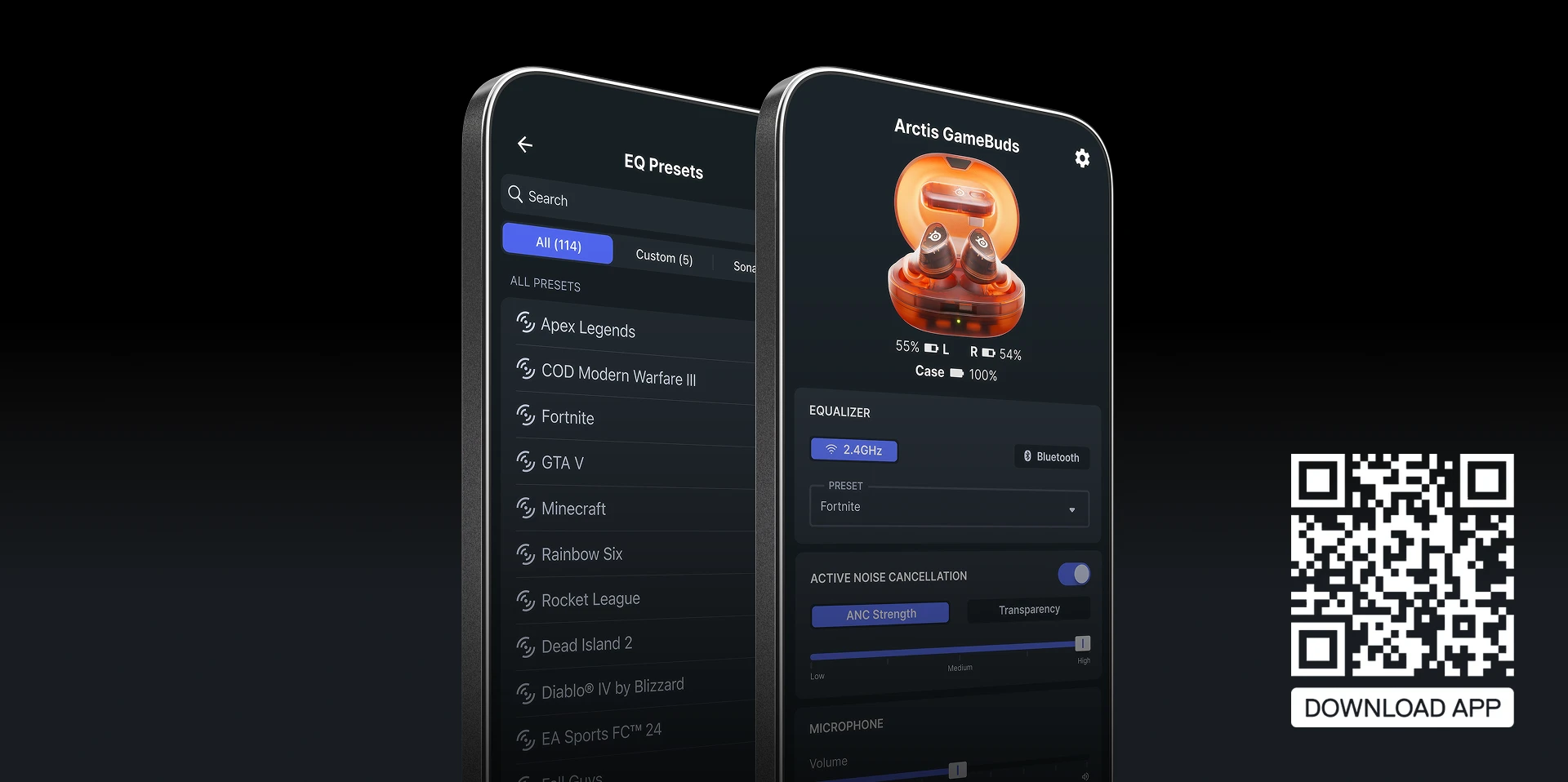 Dois telefones colocados na vertical, com predefinições e opções visíveis exibidas no aplicativo Arctis Companion.