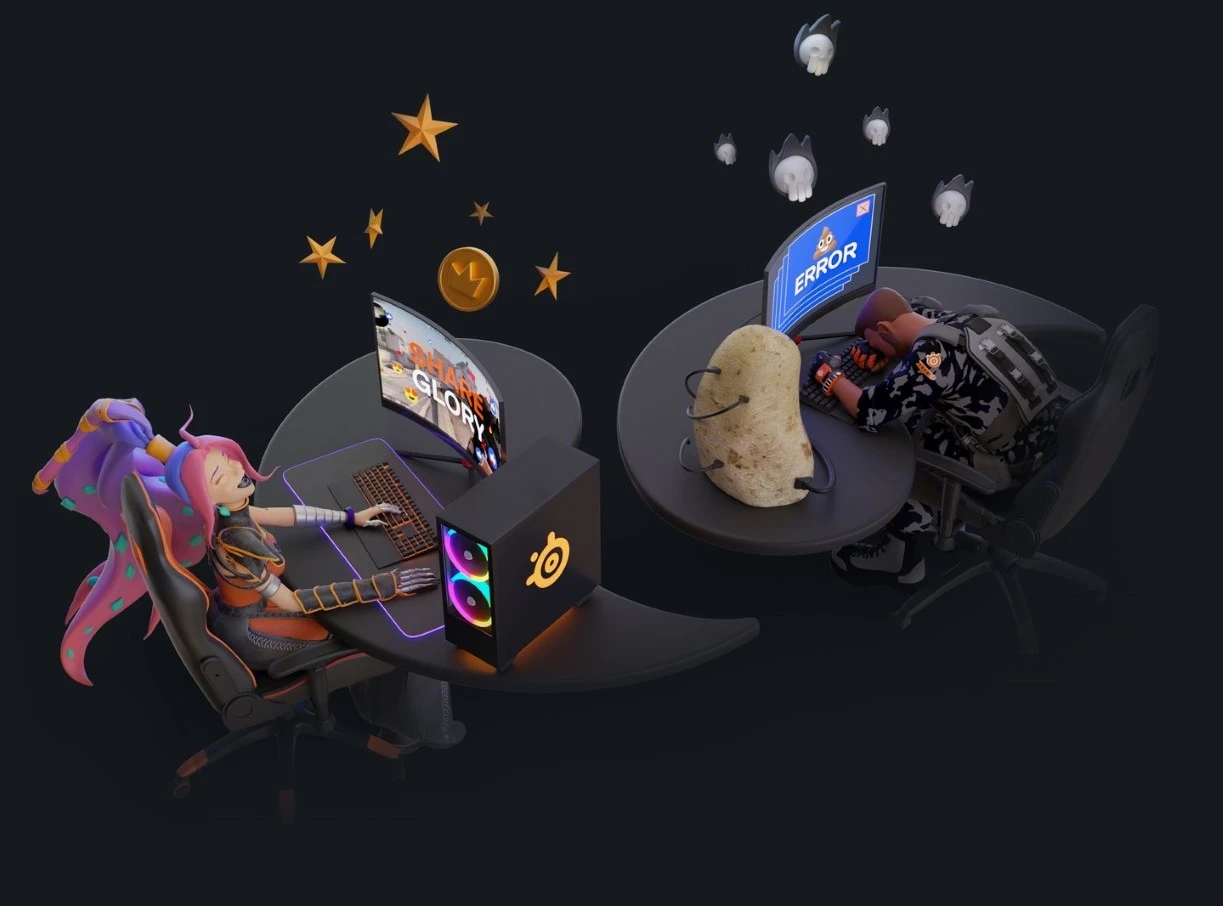 two characters playing on their pc's, one the right, player with connected hardware to potato