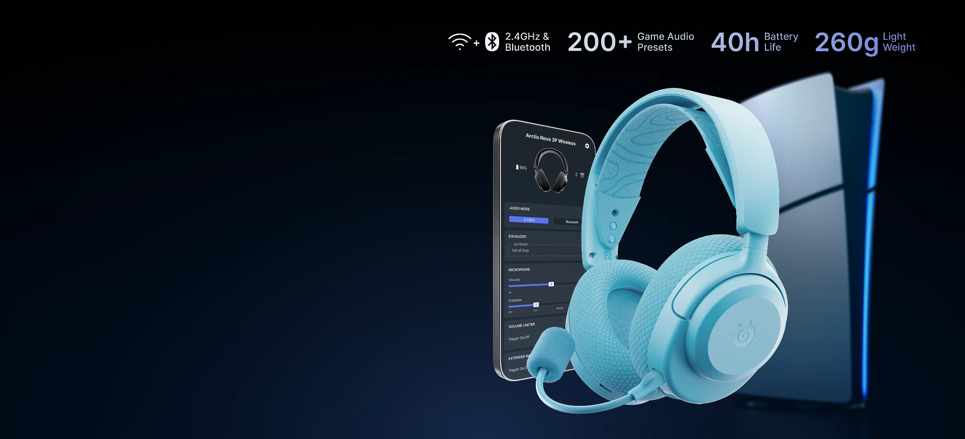 Arctis nova 3 lavender next to mobile phone and playstation console