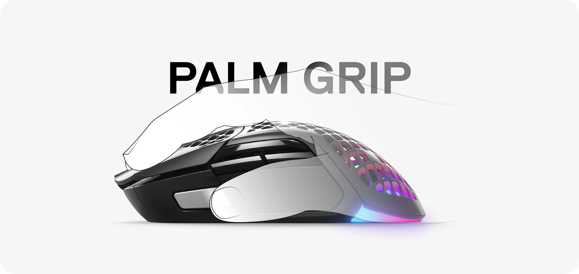 Een hand die de Aerox 5 draadloze muis met handpalmgreep gebruikt.