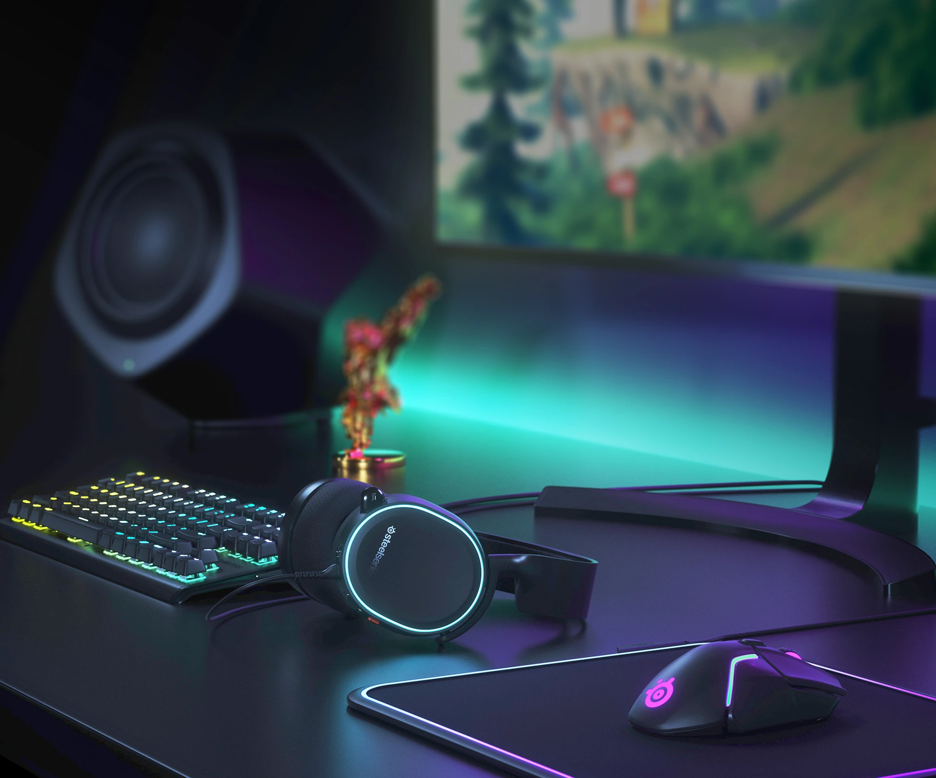 Arctis 5 headset surrounded by colorful lights