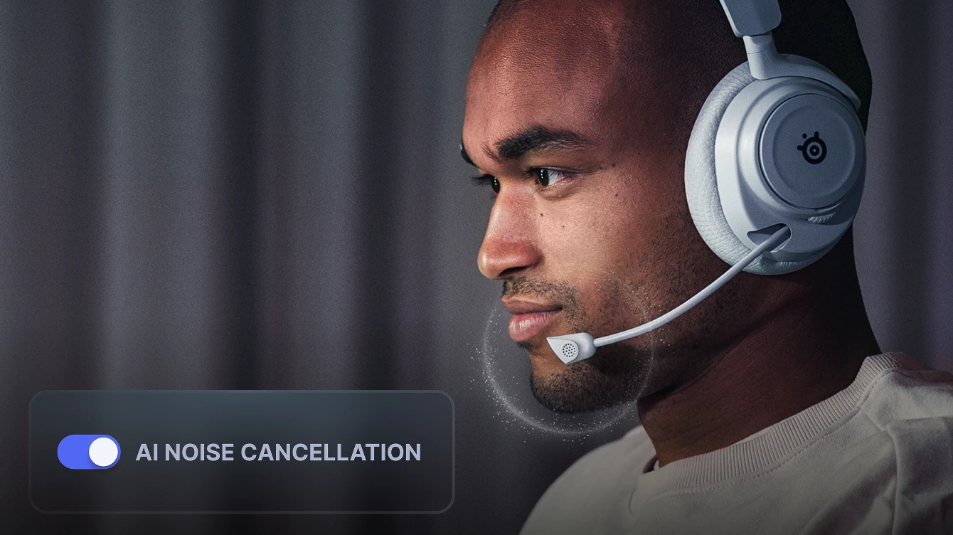 A man wearing a white gaming headset with a microphone, shown using AI noise cancellation as indicated by an on-screen audio control overlay.