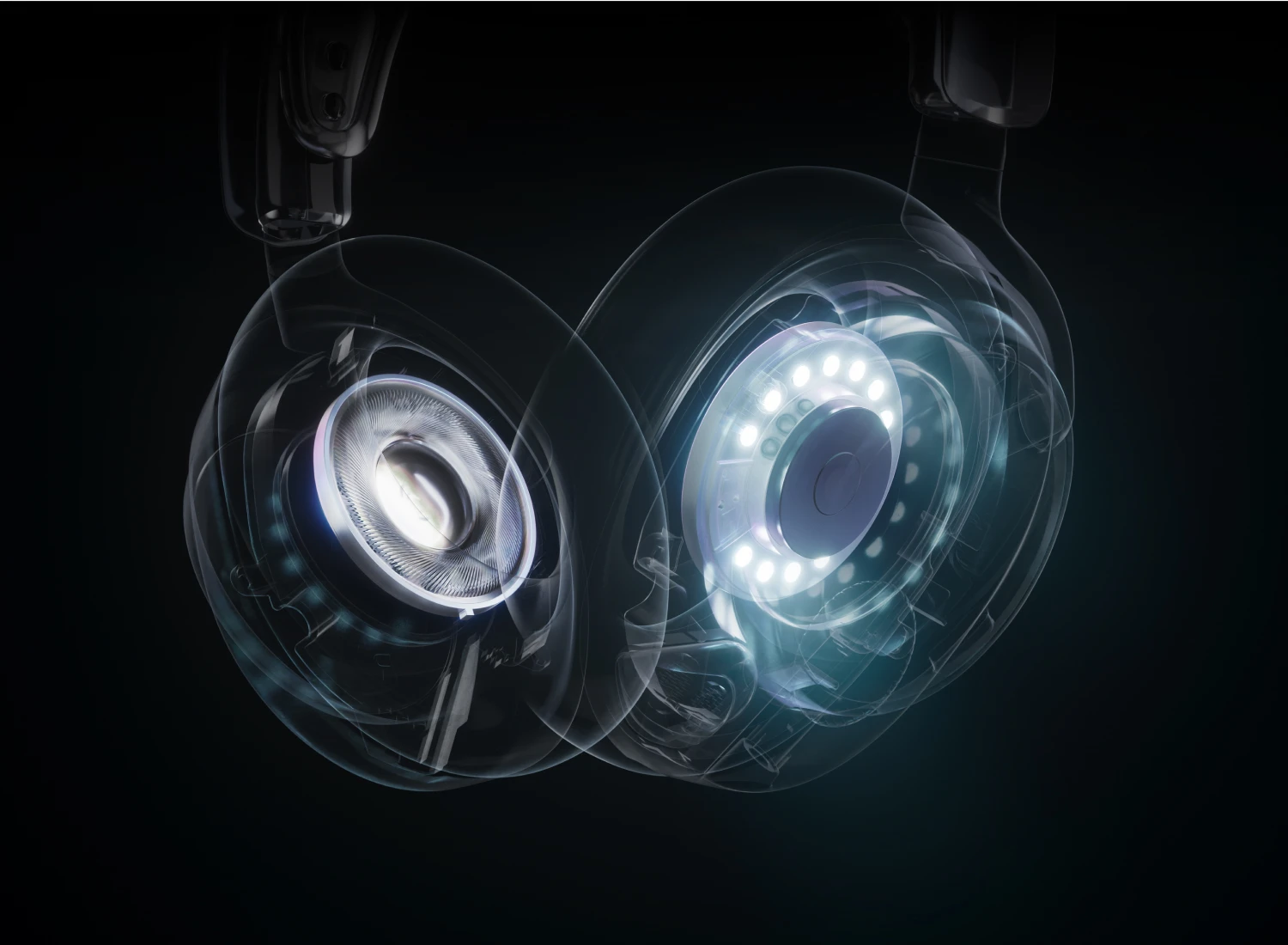 A close-up, semi-transparent view of high-tech headphones revealing the internal speaker components and glowing LED lights.