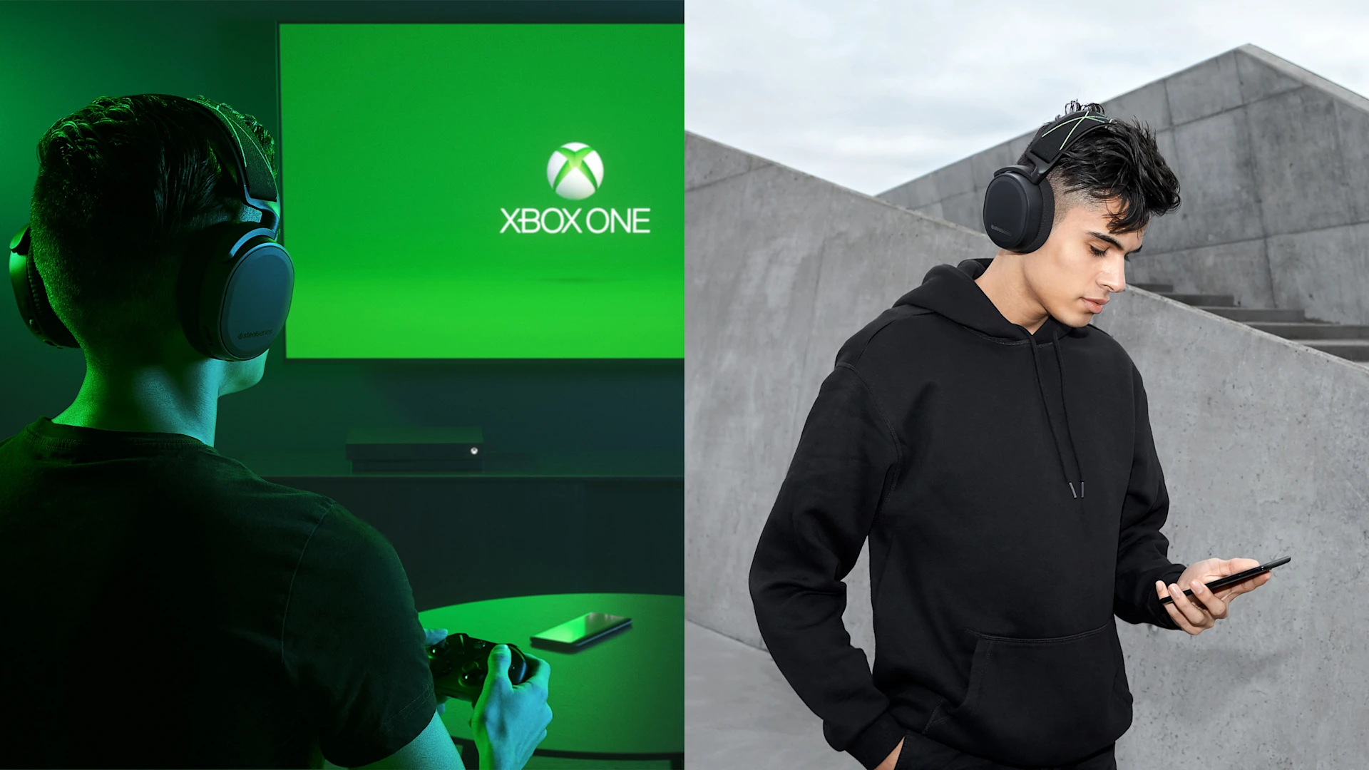 Two people using Arctis 9x headset in different situation. One with mobile (Bluetooth) and the other on a XBOX (2.4GHz Wireless).