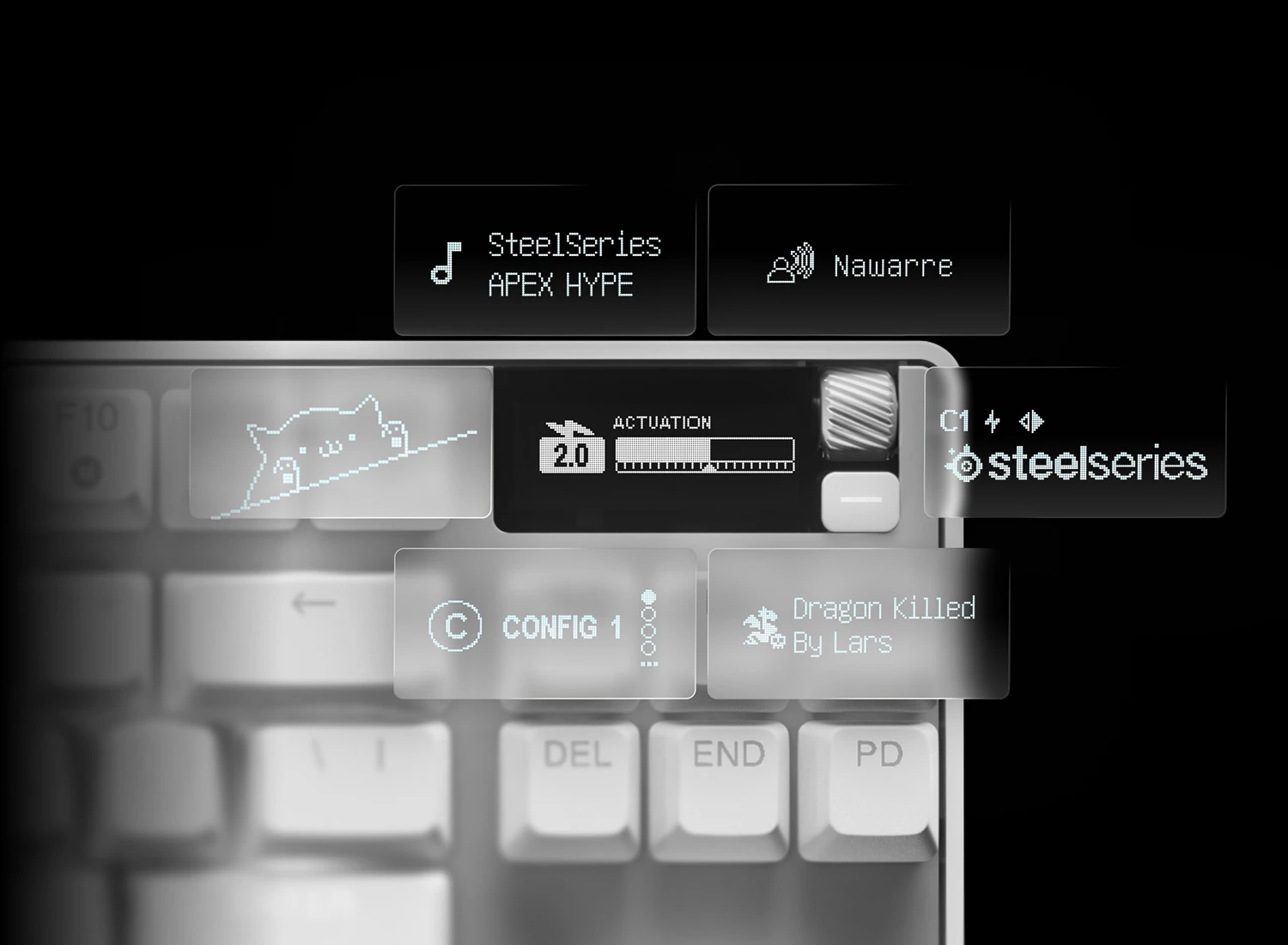 Close-up of SteelSeries Apex Pro gaming keyboard OLED Smart Display showing custom actuation settings, game stats, Discord notifications, and custom animations.