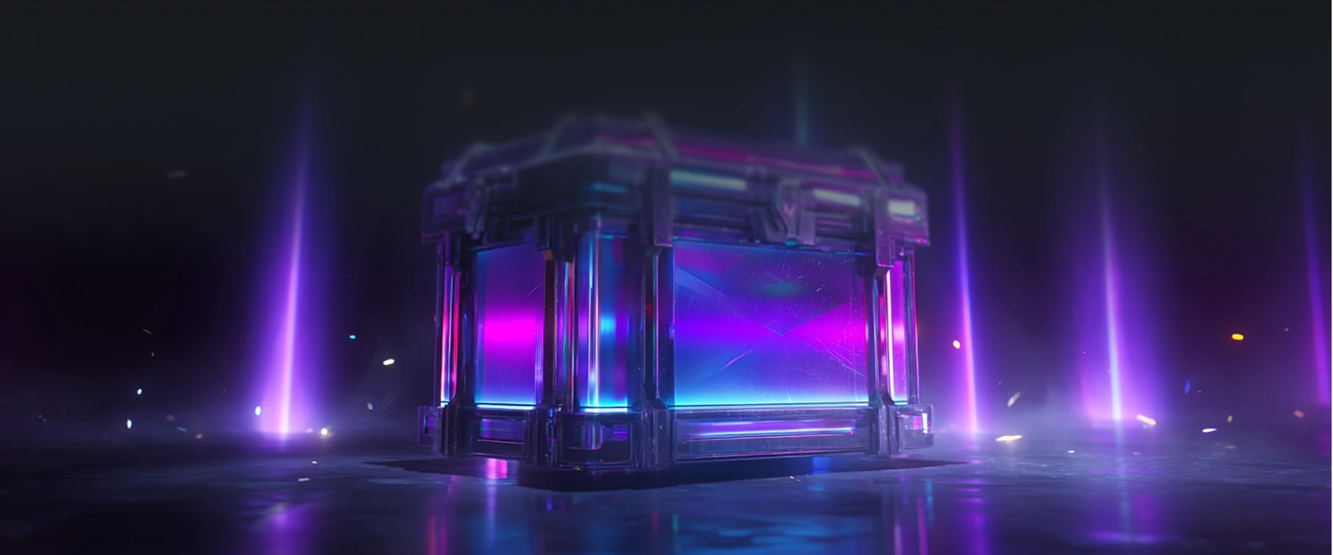 A glowing, futuristic loot box with purple and blue neon lighting, centered in a dark, misty environment with vertical light beams in the background.
