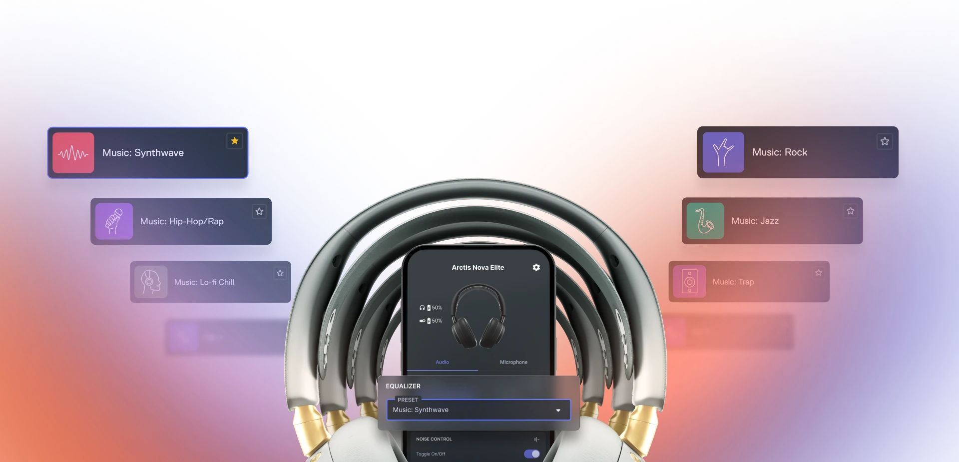 A mobile in center showing an equalizer. It is surrounded by mutliples headsets. And the right and the left of them are many music preset names.
