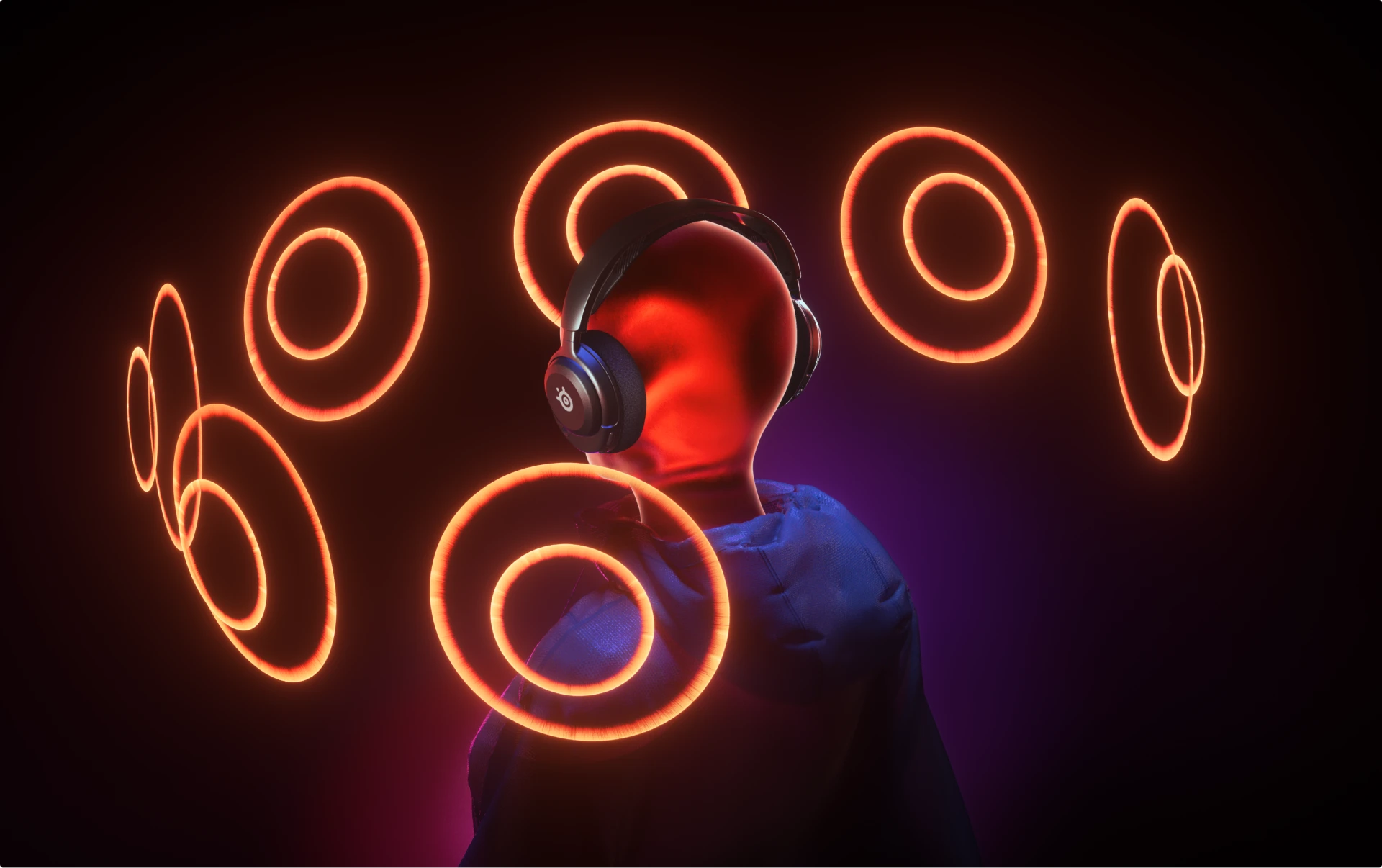 En person iført Arctis Nova 4-headset omgivet af orange cirkulære lydbølger.
