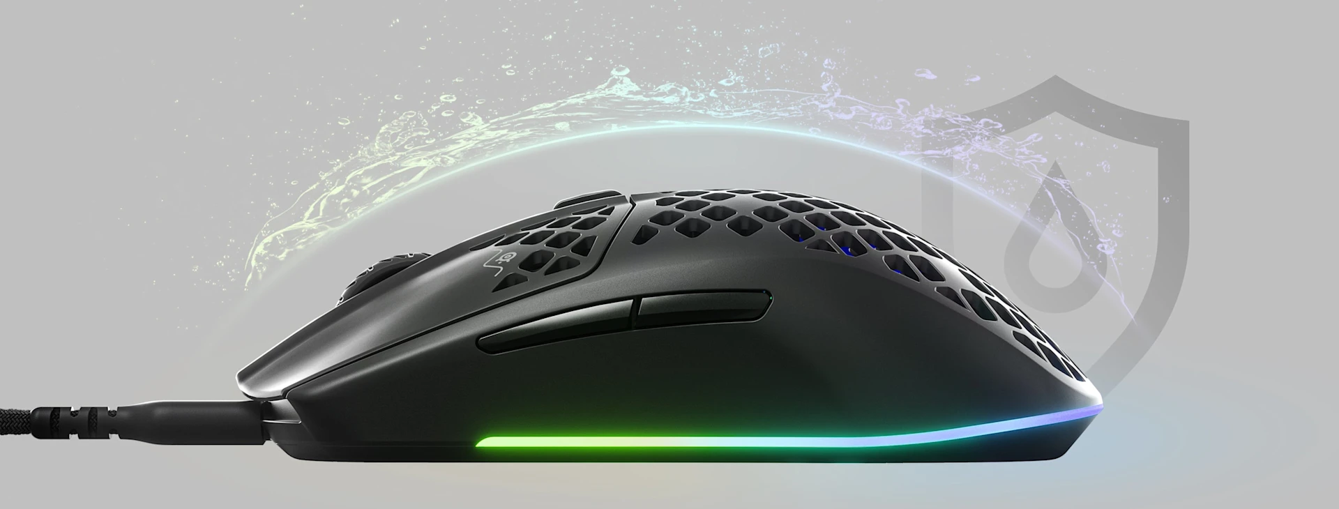 An Aerox 3 mouse with an invisible shield protecting it from incoming water splashing, to convey the waterproofing features.