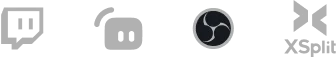 The logos for Twitch, Discord, OBS, and XSplit are displayed in a row on a black background.