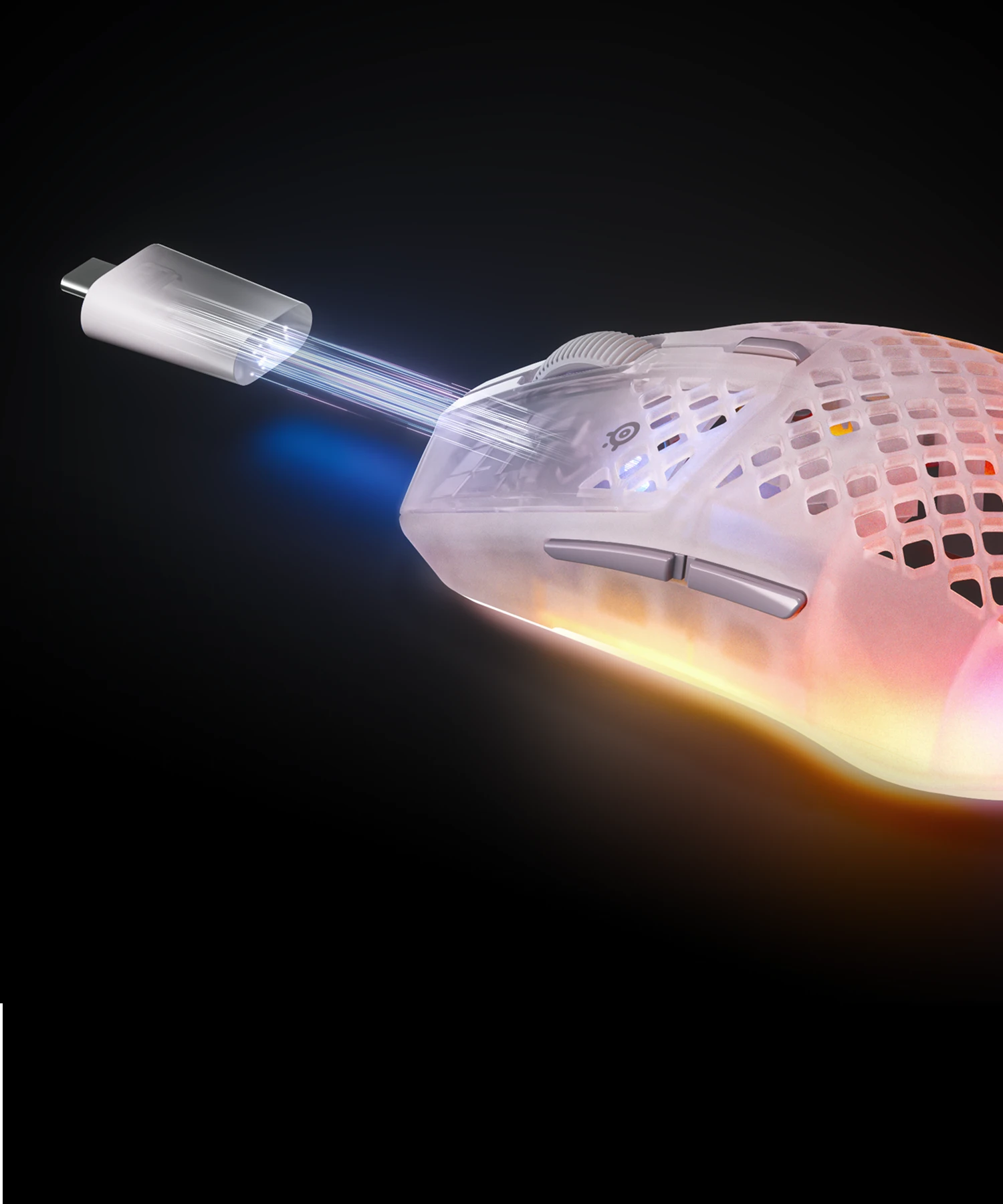 Wireless gaming mouse with glowing USB‑C dongle effect, emphasizing fast data transfer.