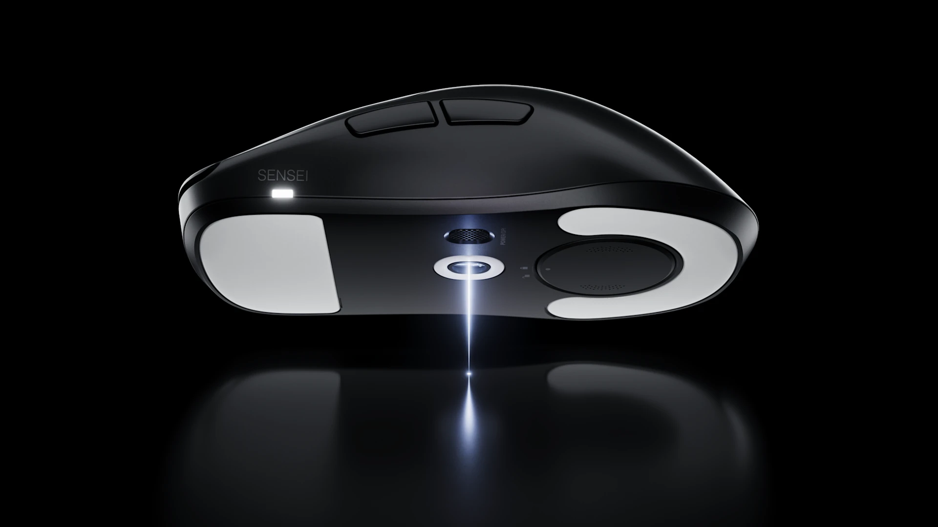 Floating view of the bottom shell of the Sensei Pro gaming mouse, showcasing its optical sensor emitting a light beam, smooth mouse feet, and power button.